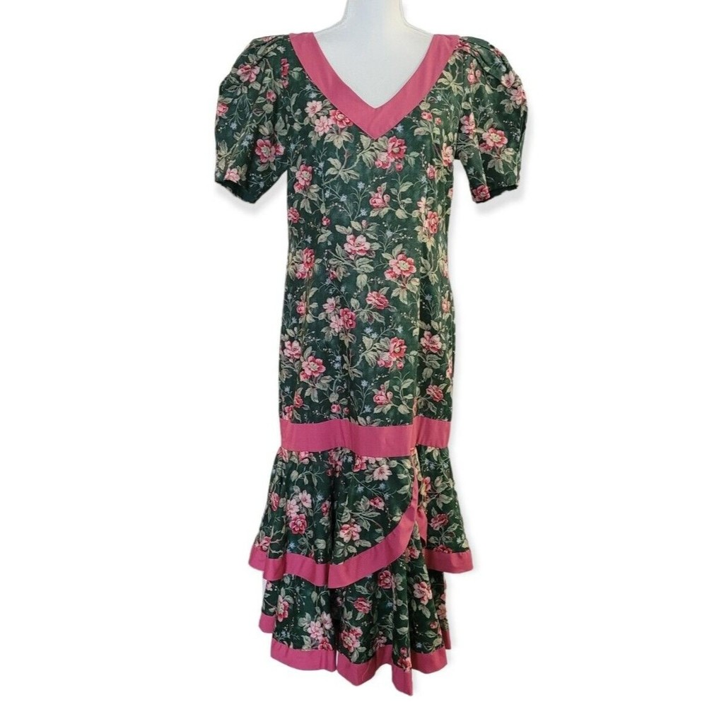 Vintage Princess Kaiulani Pink/Green Floral Dress MuuMuu Cottagecore Sz 14  EUC